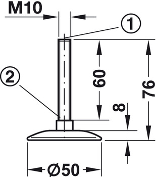 Adjusting Screw, M10 x 60 mm, Plinth, Steel with Stainless Steel Foot Plate