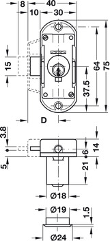 Espagnolette Lock, Piccolo Nova Case, Backset 15 mm with Ø 18 mm Cylinder