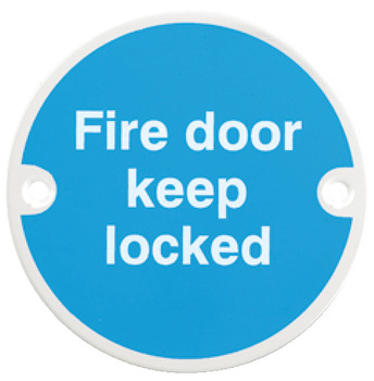 Fire Door Mandatory Sign, Ø 76 x 1.5 mm thick, Stainless Steel, Aluminium or Brass
