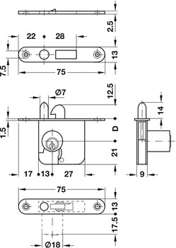 Lock Case, Mortice, Roller Shutter, for Ø 18 mm Cylinder, Steel
