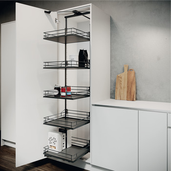 Swing Out Larder Unit , Complete Set, Centre Mounting, Height Adjustable, Full Extension with Premea Lava Grey Solid Base and Wire Baskets