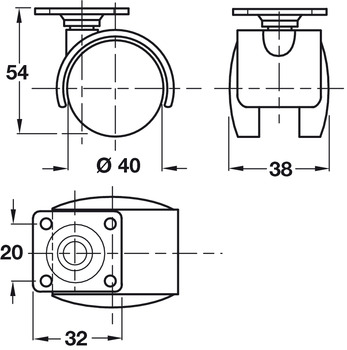 Swivel Twin Wheel Castor, with Brake, Ø 40-50 mm, Hooded, 32 mm Plate Fixing