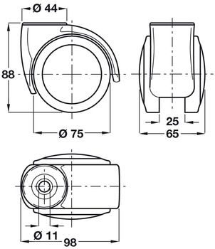 Swivel Twin Wheel Castor, without Brake, Ø 75 mm, Hooded, Ø 10-11 mm Pin Hole