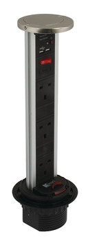 Vertical Powerdock, Rated IP54, 3 x UK 13 Amp Sockets and 2 x 700 mA USB Connectors, Requires Ø 92 mm Drilled Hole