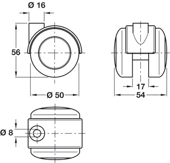 Swivel Twin Wheel Castor, without Brake, Ø 50 mm, Hooded, Ø 8 mm Pin Hole