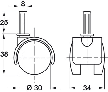 Swivel Twin Wheel Castor, without Brake, Ø 30 mm, Hooded, Press Fit
