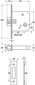 Bathroom Lock, Mortice, Clawbolt, for Sliding Doors, Case Size 76 mm