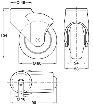 Swivel Single Wheel Castor, without Brake, Ø 80 mm, Ø 10 mm Pin Hole