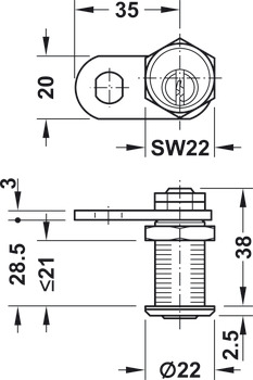 Cam Lock, with Pin Tumbler Cylinder, with Straight Cam and Nut Attachment, Thread Max. 21 mm