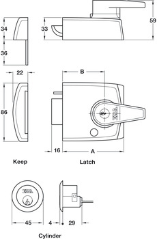 Nightlatch, Double Locking Cylinder Rim, Key from Outside, Key Lockable Lever Handle from Inside