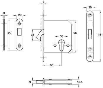 Cylinder Hook Bolt Lock Case, Mortice, Case Width 15.5 mm, Stainless Steel or Brass