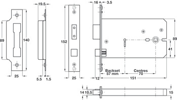 Horizontal 5 Lever Sash Lock, Mortice, 57 mm Backset, Stainless Steel or Brass