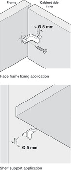 Shelf Support, Face Frame Fixing, Plug in, for Ø 5 mm Hole, for Wooden Shelves
