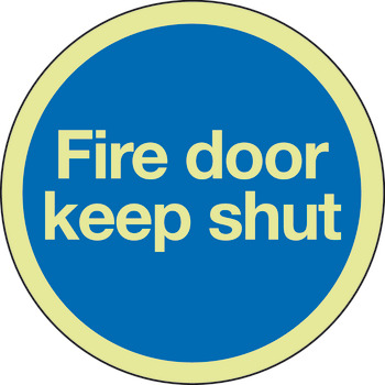 Fire Door Mandatory Sign, Photoluminescent, Ø 76 mm x 1.3 mm Thick, Rigid Plastic