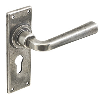 Lever Handles, on Backplates for Euro Profile Cylinder Lock 48 mm, Solid Pewter, Salvador