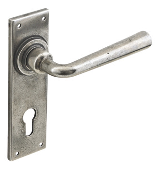 Lever Handles, on Backplates for Euro Profile Cylinder Lock 72 mm, Solid Pewter, Olympia