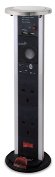 Vertical Powerdock, Rated IP54, 2x UK 13 Amp Sockets, 2x 2100 mA USB and Bluetooth Speaker, Requires Ø 92 mm Drilled Hole