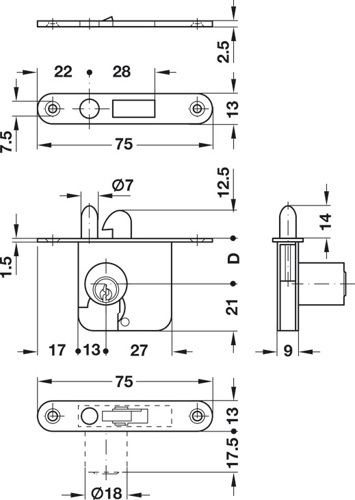 Häfele Lock Case Mortice Roller Shutter For � 18 mm Cylinder Steel Right Hand/Drawer 